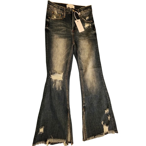 Risen Jeans High Rise Slit Flare Distressed Dark Wash Women's Denim - Picture 1 of 4